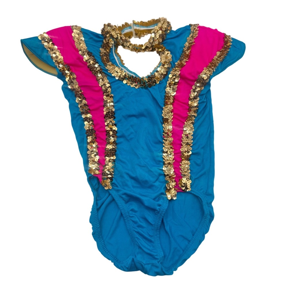 Curtain Call Costumes Turquoise Pink Gold Sequin Dance Performance Leotard